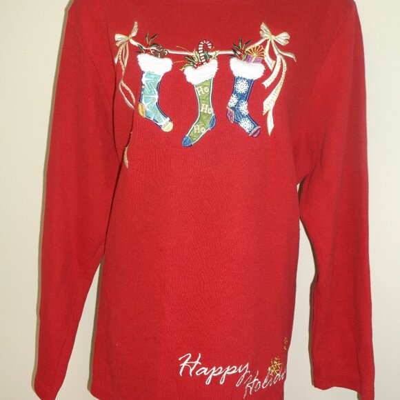 Vintage WHITE STAG embroidered Christmas Sweat Shirt STOCKINGS Women's Size XL - Picture 1 of 9